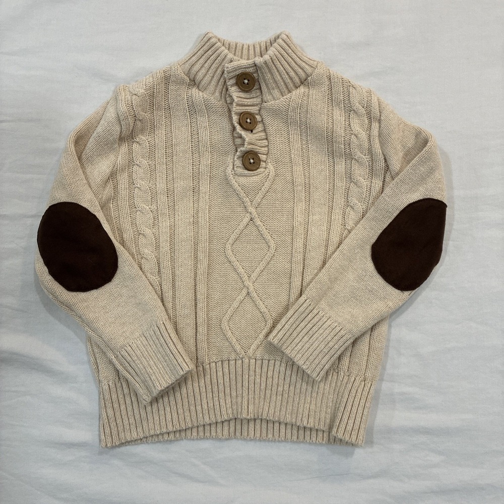 Good Lad Toddler Size 3T Cable Knit Sweater Pull Over W/ Brown Elbow Patches